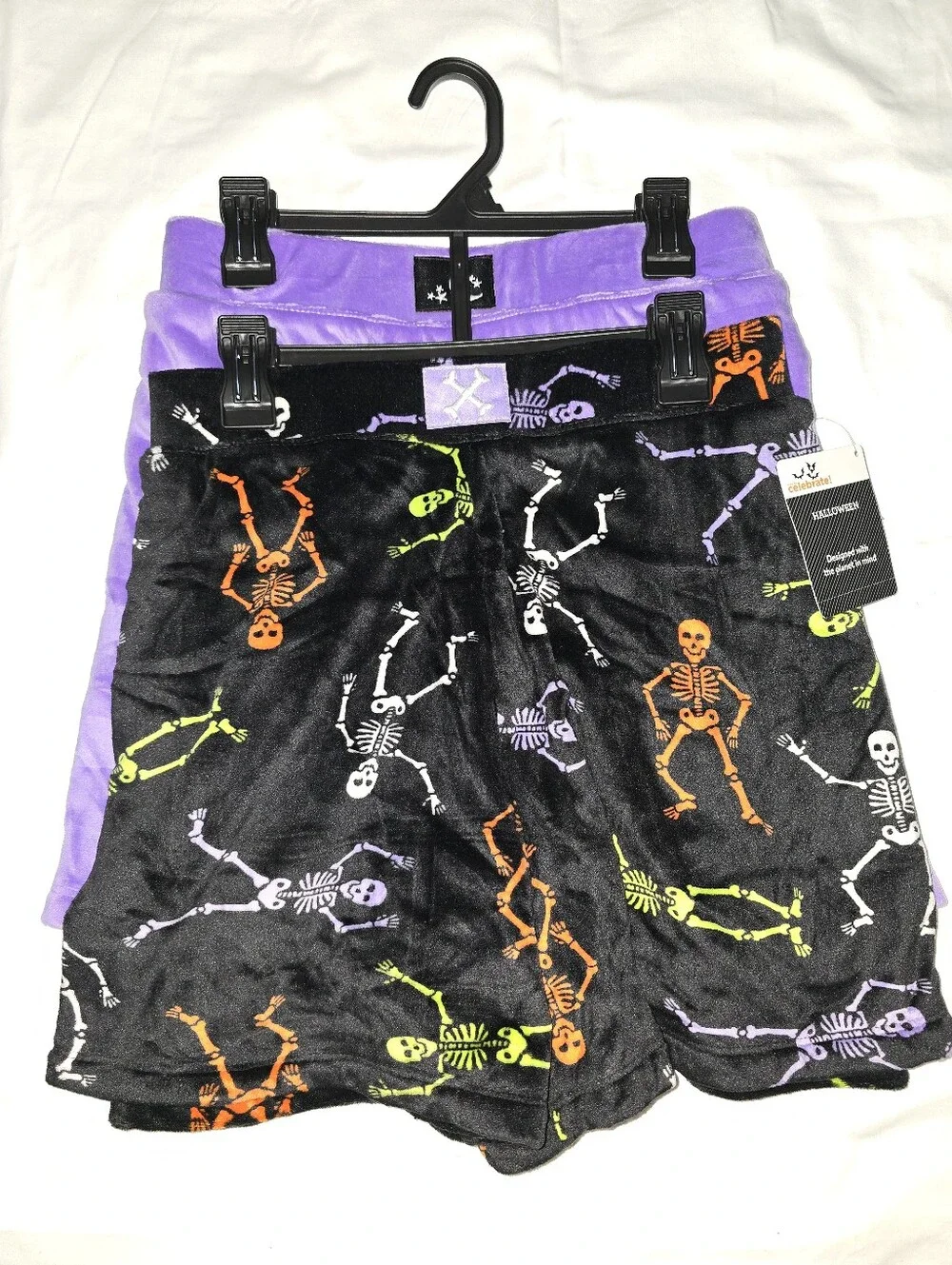 2pk Halloween Soft Velvet Black Multi Colored Skeleton/Purple Checkered Shorts